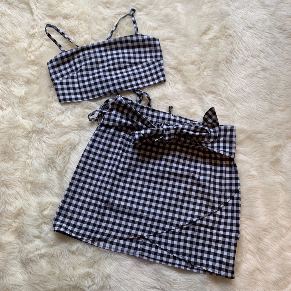 Checkered Plaid Two Piece Bandeau Skirt Set